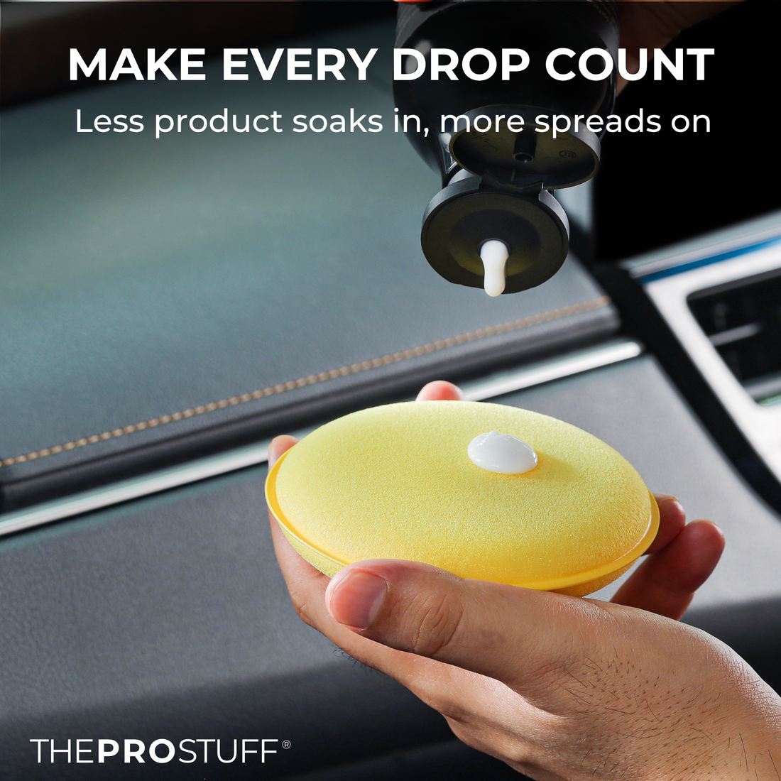 Drop of product on a Soft Applicator Foam pad inside a car, less soaks in and more spreads on