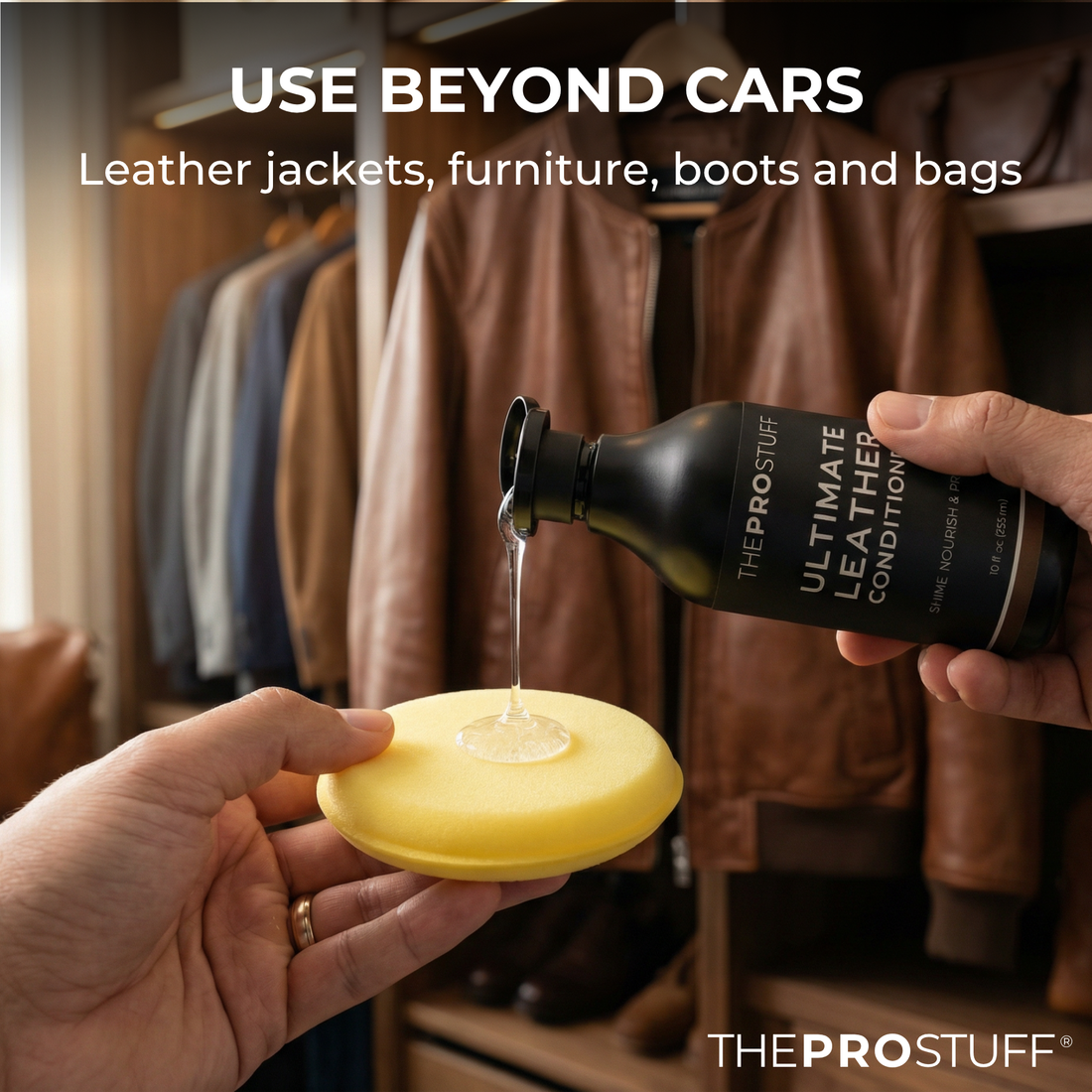 Leather conditioner applied with a Soft Applicator Foam pad, for leather jackets, furniture, boots and bags