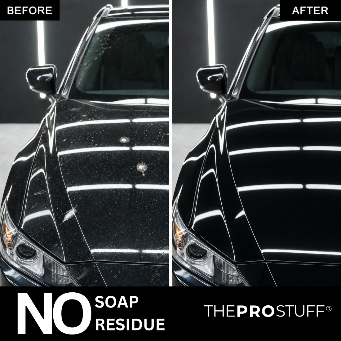 Before and after of a black car hood washed with Car Wash Soap Sheets, no soap residue