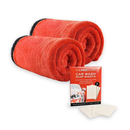 Two Pro Stuff car drying towels and a free pack of car wash soap sheets