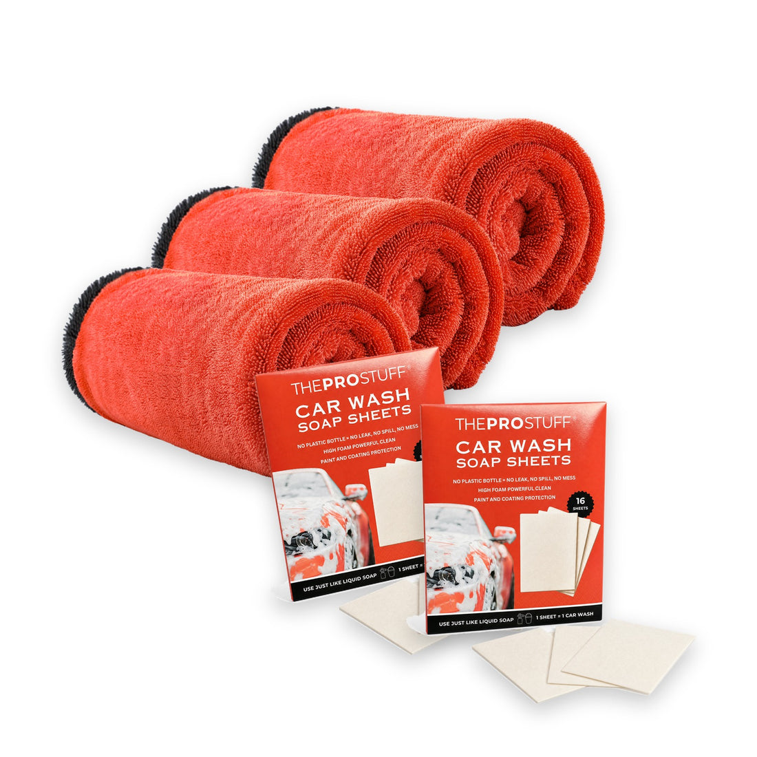 Three Pro Stuff car drying towels and two free packs of car wash soap sheets