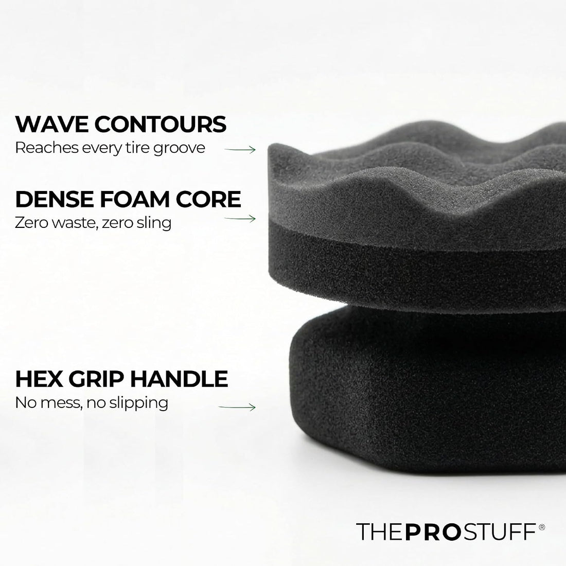 Tire Shine Applicator side view showing wave contours, dense foam core and hex grip handle