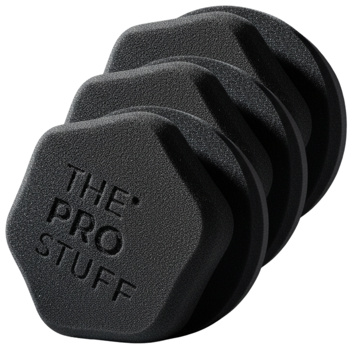 The Pro Stuff Tire Shine Applicator, three black wave-cut foam pads with hex grip handles