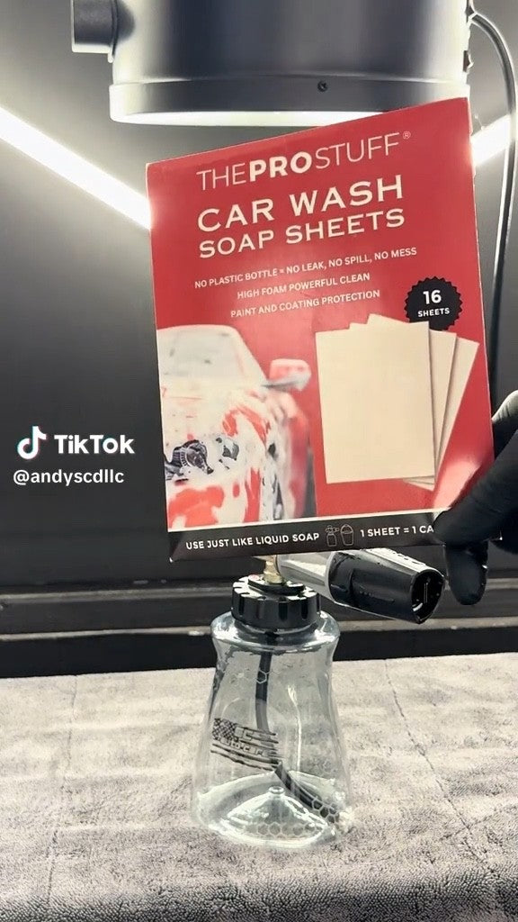 The Pro Stuff Car Wash Soap Sheets pack above a foam cannon